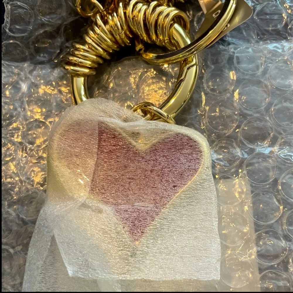 Chico’s Kate Large Enamel Heart Keychain with Charms Love Tassel Bling Gold Red